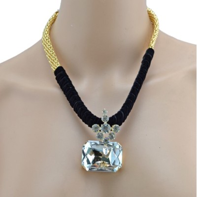 New Fashion Gold Plated Ribbon Chain Clear Green Grey Crystal Choker Necklace N-3016