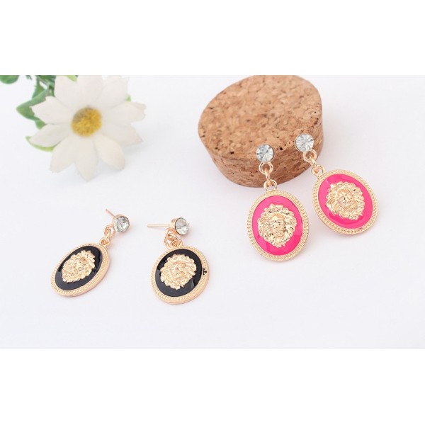 Hot Sale New Fashion European Style Gold Plated Alloy Enamel Crystal Lion Head Dangle Earrings E-1688