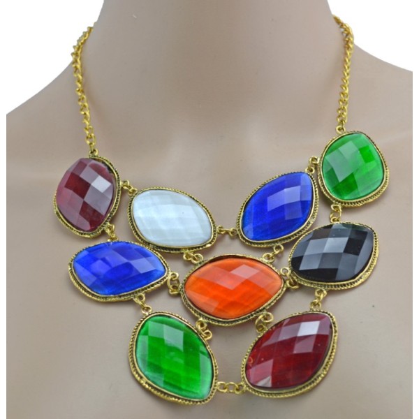New Fashion vintage gold alloy mix colors resin gem choker Necklace N-3024