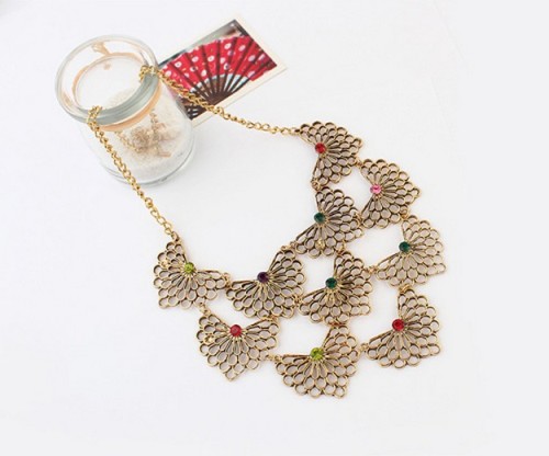 Europe Vintage Style multilayer geometry hollow out flower rhinestone necklace N-1892