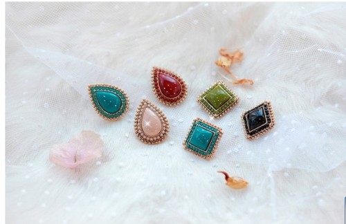 New Fashion Korean Style Gold Plated Alloy 5 Colors Resin Gem Square Drop Ear Stud Earrings E-2096