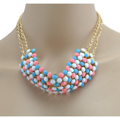 New Arrival European Style Gold Plated Alloy Colorful Resin Beads Choker Double Chain Necklace N-3029