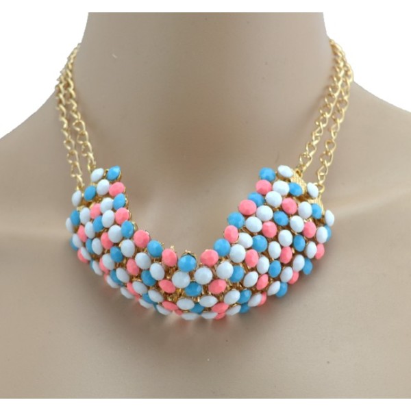 New Arrival European Style Gold Plated Alloy Colorful Resin Beads Choker Double Chain Necklace N-3029