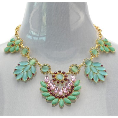 New Arrival  Bohemia Style Gold Plated rhinestone crystal gem opal leaves flower Necklace N-3032