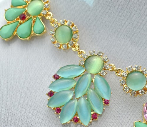 New Arrival  Bohemia Style Gold Plated rhinestone crystal gem opal leaves flower Necklace N-3032