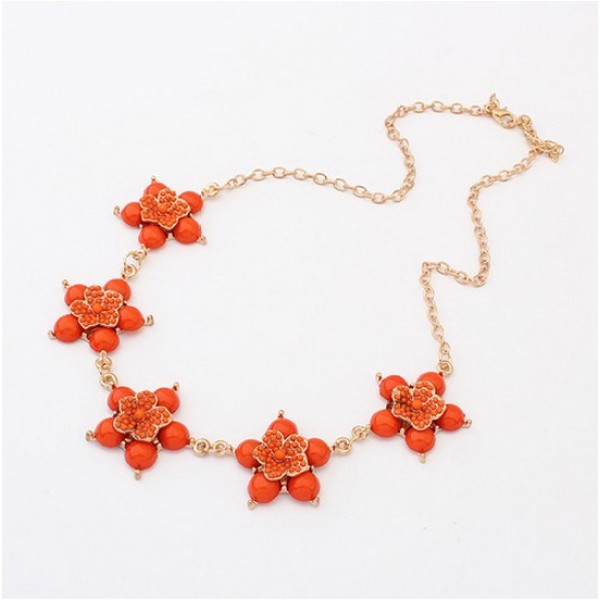 New Fashion gold plated alloy resin gem beads orange flower pendant necklace N-3035