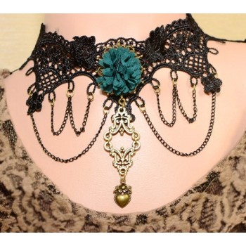 New Gothic Vintage Style Bronze Alloy Black Lace Flower Acrylic Size Adjustable Ring Bracelet Necklace S-0074