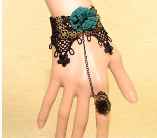 New Gothic Vintage Style Bronze Alloy Black Lace Flower Acrylic Size Adjustable Ring Bracelet Necklace S-0074
