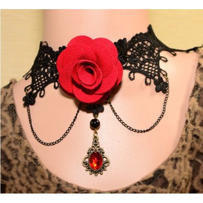 Hot Sale European Gothic Vintage Style Bronze Alloy Blace Lace Red Rose Crystal Butterfly Ring Bracelet Necklace Set S-0073