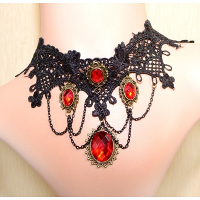 New Gothic Vintage Style Bronze Alloy Hollow Out Black Lace Flower Acrylic Red Gem Ring Bracelet Necklace Set S-0072