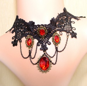 New Gothic Vintage Style Bronze Alloy Hollow Out Black Lace Flower Acrylic Red Gem Ring Bracelet Necklace Set S-0072