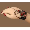 New Gothic Vintage Style Bronze Alloy Hollow Out Black Lace Flower Acrylic Red Gem Ring Bracelet Necklace Set S-0072