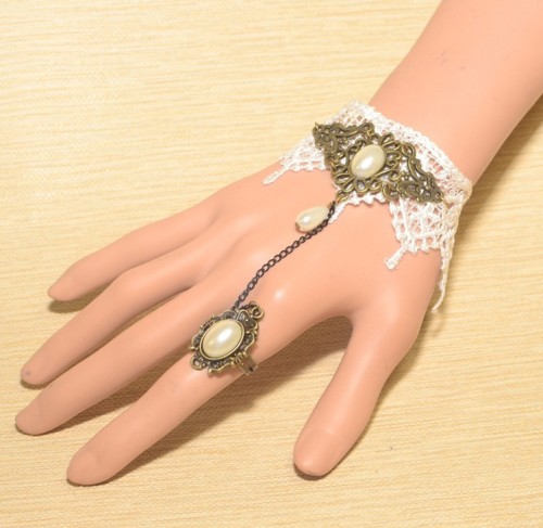 New Retro style Gothic white lace Flower Faux Pearl necklace bracelets ring S-0075
