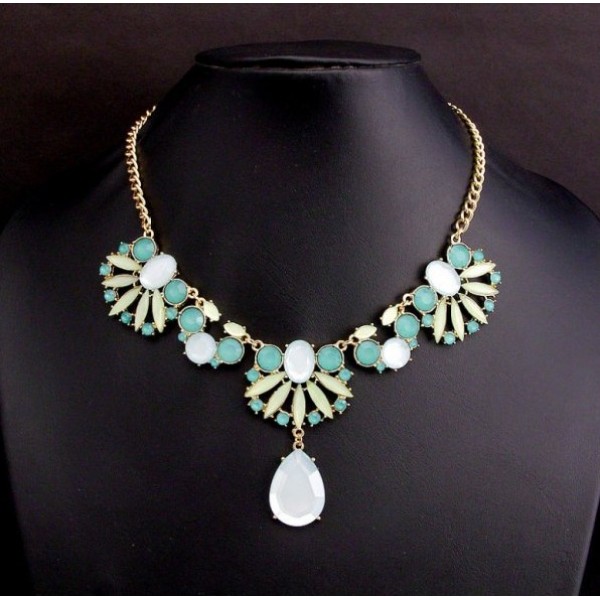 New Europe Style Jewelry Gold Plated Acrylic Fresh rhinestone crystal powder enamel water droplets necklace N-3037