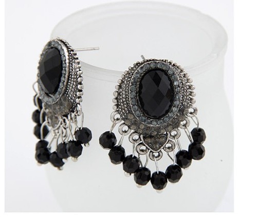 New Fashion vintage Style Silver alloy black gem rhinestone beads Tassels Ear Stud Earrings E-0290
