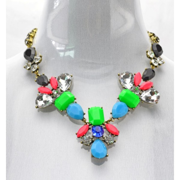 New Arrival vintage style bronze alloy faux gem crystal  drop flower  choker necklace N-3044