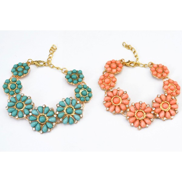 New Korean Style gold Plated Ally clear rhinestone resin gem flower bracelet adjustable 2 colors B-0312