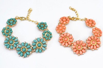 New Korean Style gold Plated Ally clear rhinestone resin gem flower bracelet adjustable 2 colors B-0312