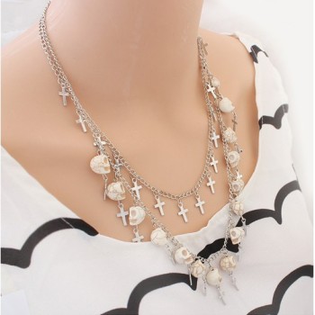 New Fashion European Silver Plated Alloy Multilayer Skull Crosses Choker Necklace N-3043