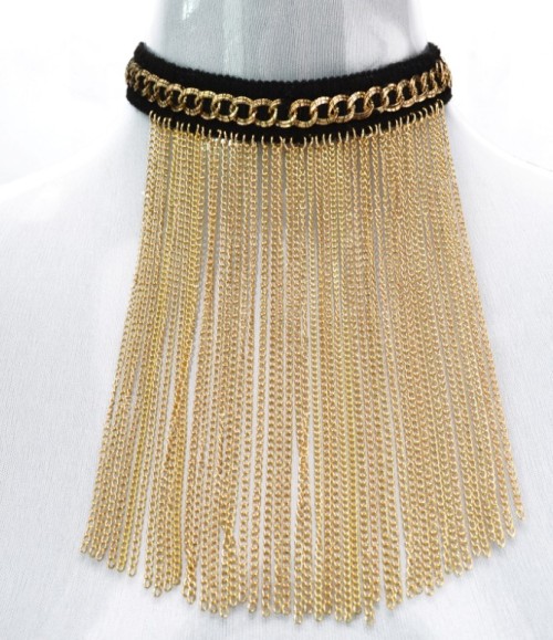 Gothic  Black Ribbon choker chain gold  tassels choker  Necklace adjustable N-1057