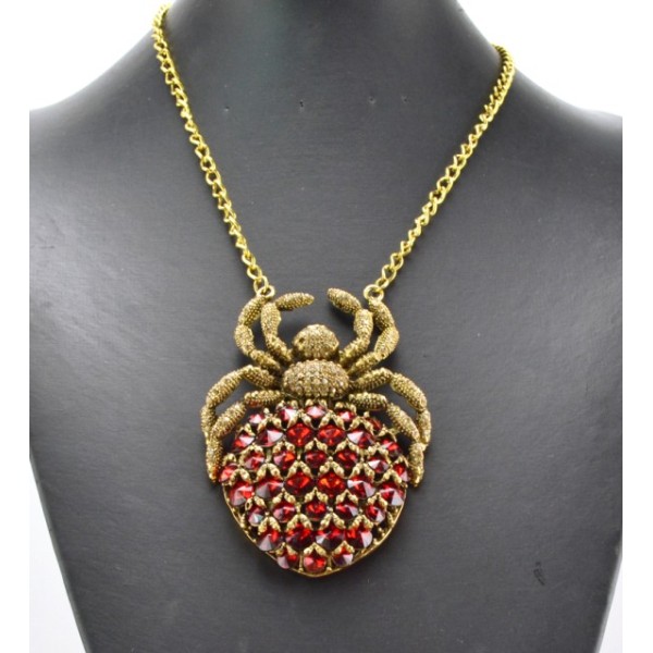 N-3414 New Fashion Style  Bronze Alloy Metal Colourful Crystal Spider Shape Pendant Necklace