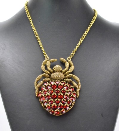 N-3414 New Fashion Style  Bronze Alloy Metal Colourful Crystal Spider Shape Pendant Necklace