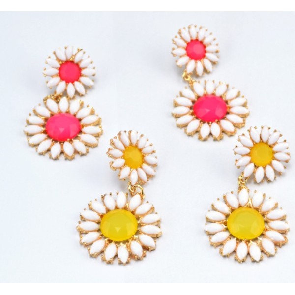 S-0079 New  Korea Stylle Summer joker Pink/Yellow/Blue Glazed Fresh and Sweet Sunflower gold Metal Necklace Ear Stud Earrings Set