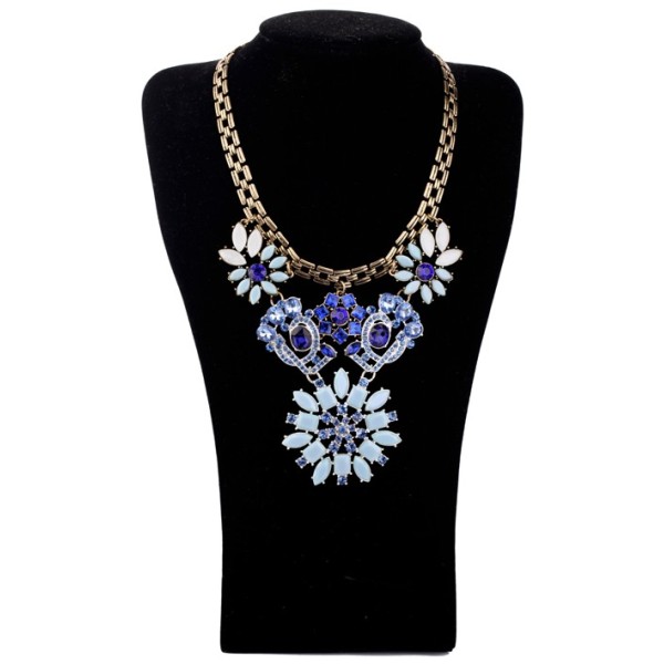 Vintage Style Metal Rhinestone Crystal Resin Gem Flower Pendants Choker Necklaces N-3055