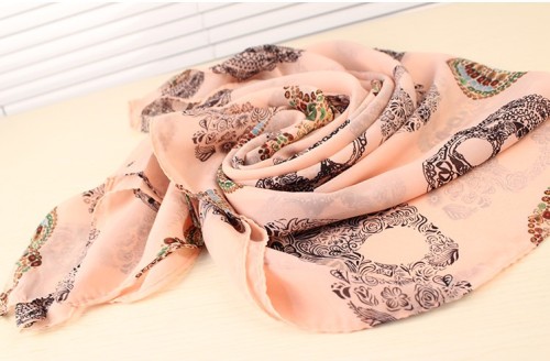 New Style skull beige/pink color chiffon Long shawl  dual action scarf C-0043