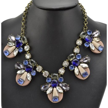 New European style Exaggerated  Bronze Alloy royalblue crystal roumd buttons Necklace N-3059