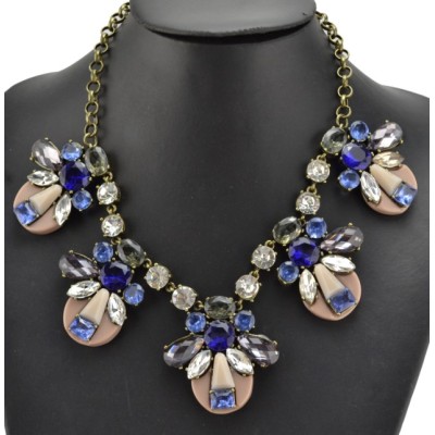 New European style Exaggerated  Bronze Alloy royalblue crystal roumd buttons Necklace N-3059