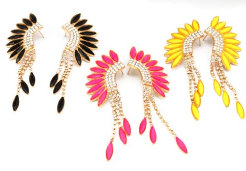 Fashion  gold plated alloy acrylic feather shape rhinestone tassels ear stud earrings E-2126