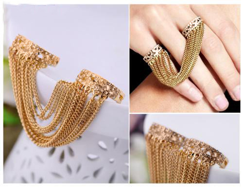 R-1091 Europe Style gold plated alloy tassels double fingers opened ring