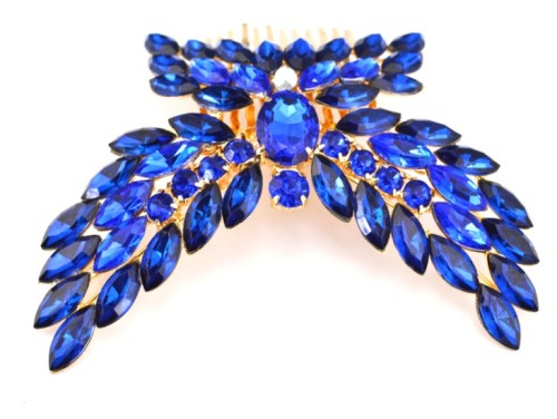 F-0116Fashion gold plated alloy green blue crystal leaf wing butterfly Hair Comb