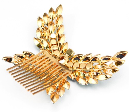 F-0116Fashion gold plated alloy green blue crystal leaf wing butterfly Hair Comb