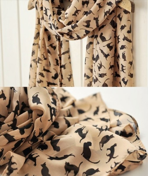 C-0051 new in fashion style black khaki 2 colors chiffon cat design scarf shawl