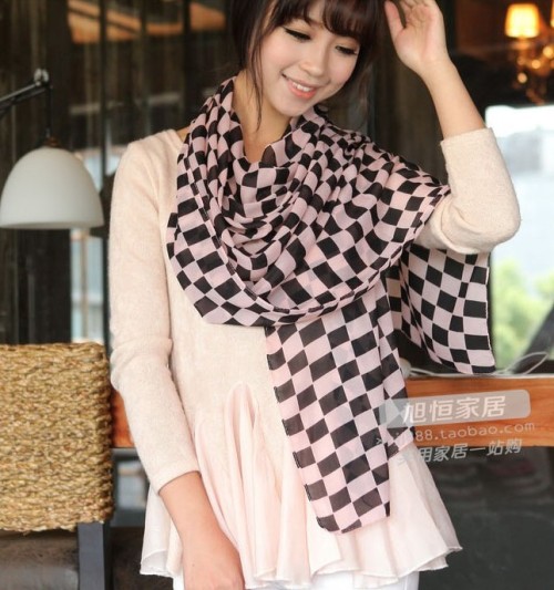 C-0052 Korea fashion style pink black khaki 3 colors chiffon geometry grid scarf design scarves shawl