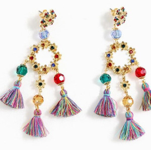 Bohemia style gold plated alloy rhinestone enamel acrylic beads tassels flower dangle earring E-1692