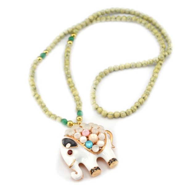 New Gold plated white cat eye stone fat cute elephant Pendant Long Necklace N-3417