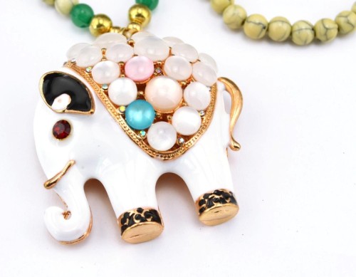 New Gold plated white cat eye stone fat cute elephant Pendant Long Necklace N-3417