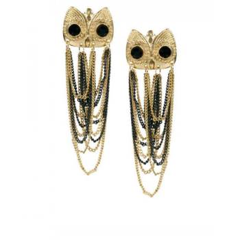 E-2073 Europe style golden black chain tassels owl stud earrings