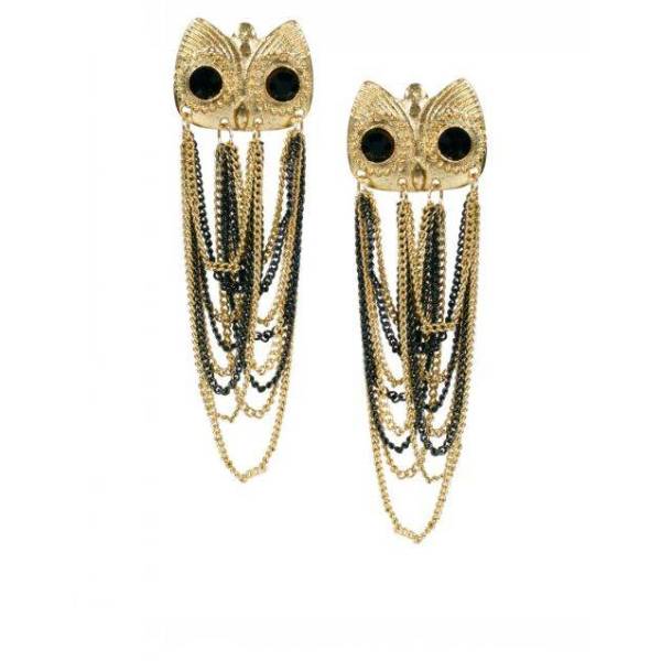 E-2073 Europe style golden black chain tassels owl stud earrings