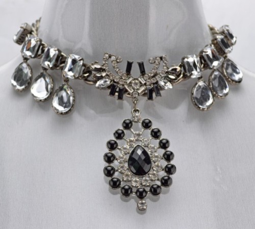 New european style black gem rhinestone square crystal drop gun-black chain choker necklace N-3093