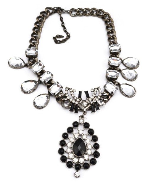 New european style black gem rhinestone square crystal drop gun-black chain choker necklace N-3093