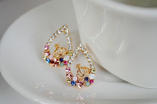 E-2130 New  Arrival Fashion Charming Colorful Rhinestone Gold Plated Drop Crown Ear Stud Earrings