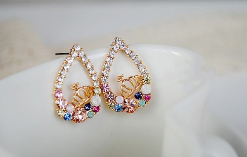 E-2130 New  Arrival Fashion Charming Colorful Rhinestone Gold Plated Drop Crown Ear Stud Earrings
