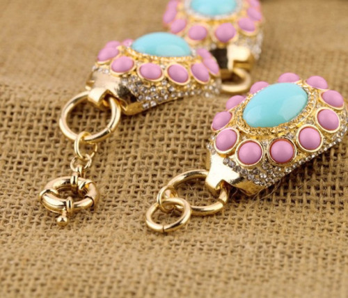 S-0081 European  Style  Gold Plated Alloy Rhinestone Pink Blue Resin Gem Choker Necklace Bracelet Set