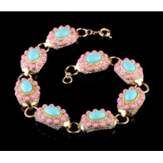 S-0081 European  Style  Gold Plated Alloy Rhinestone Pink Blue Resin Gem Choker Necklace Bracelet Set
