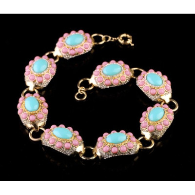 S-0081 European  Style  Gold Plated Alloy Rhinestone Pink Blue Resin Gem Choker Necklace Bracelet Set