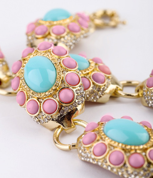 S-0081 European  Style  Gold Plated Alloy Rhinestone Pink Blue Resin Gem Choker Necklace Bracelet Set